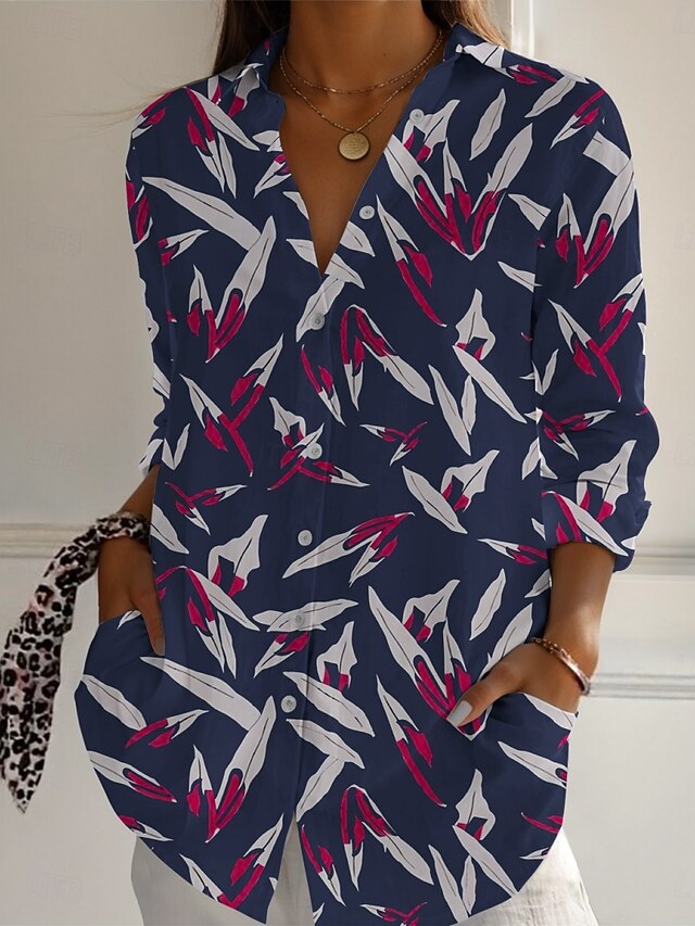 Women's Shirt Leaf Active Daily Stylish Long Sleeve Shirt Collar Regular Tops Daily Holiday Buttons Print Navy Blue Spring Fall4