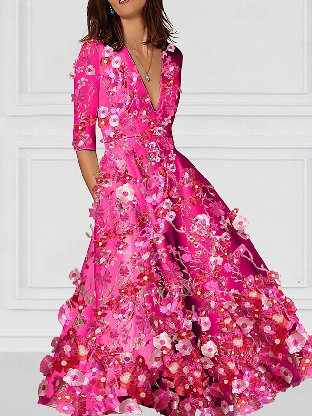  Abito da Cocktail A-Line Floral Elegante Abito Formale Matrimonio Lungo fino alla Caviglia Mezza Manica V Neck Abito Rosa Stretch Crepe con Ricamo e Tasca