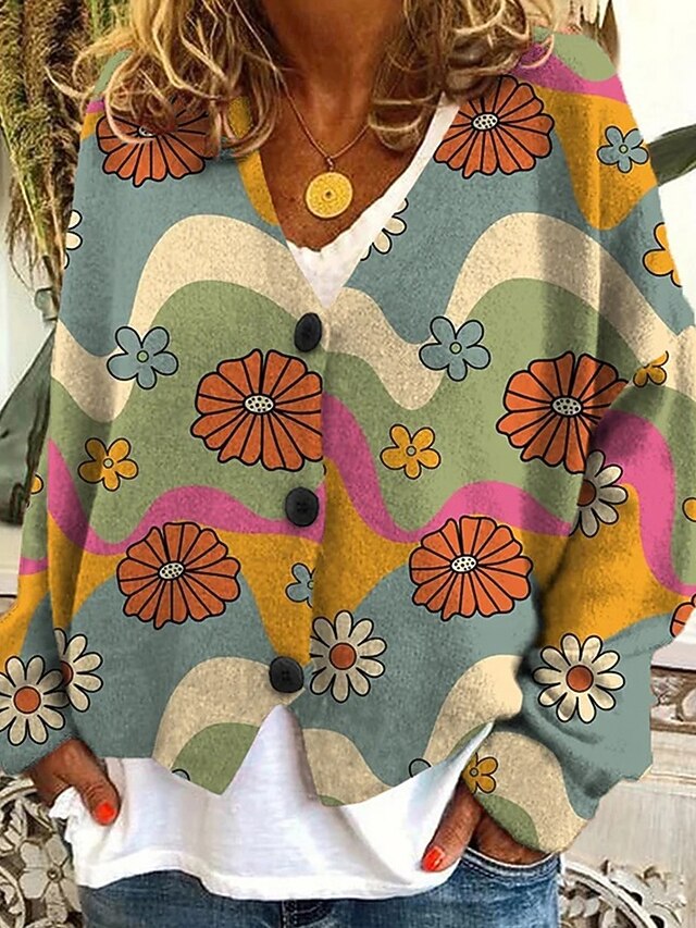 Women's Sweater Cardigan Fashion Streetwear Daily Floral Ribbed V Neck Knitted Long Sleeve Regular Tops Knit Holiday Going out Weekend Blue Green Fall Winter4