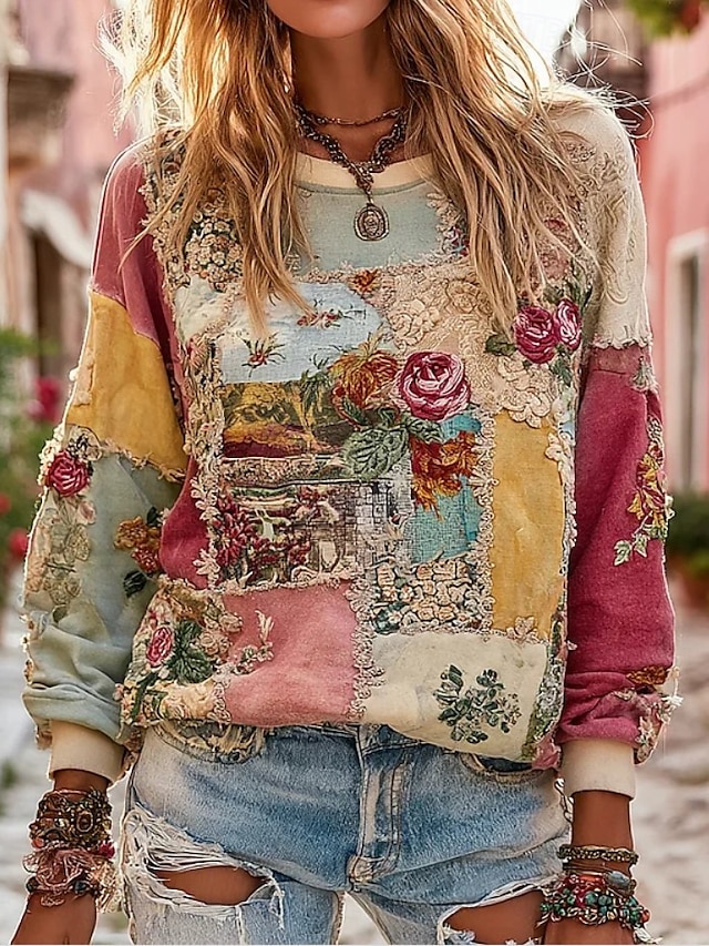  Women's 3D Print Pullover Sweatshirt Floral Graphic Warm Active Vintage Long Sleeve Crew Neck Regular Tops Street Dailywear Casual Light Pink Yellow Light Green Pink Red Spring Fall Winter