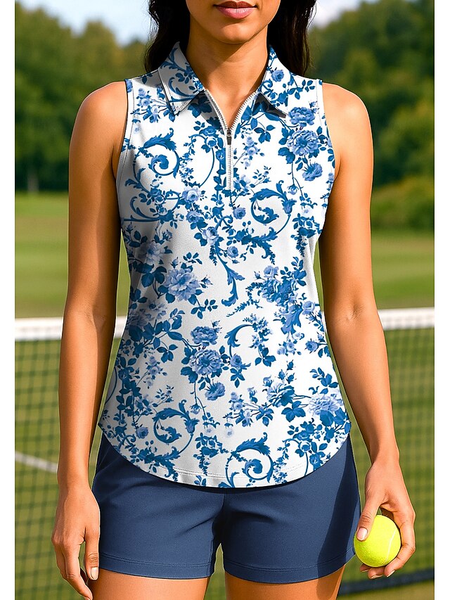 Women's Plants Floral Tops Sport Shirt Golf Polo Shirt Tennis Shirt Sleeveless Zipper Floral UPF50+ UV Resistant High Elasticity Moisture Wicking Breathable Tennis Pickleball Running Turndown Zip4