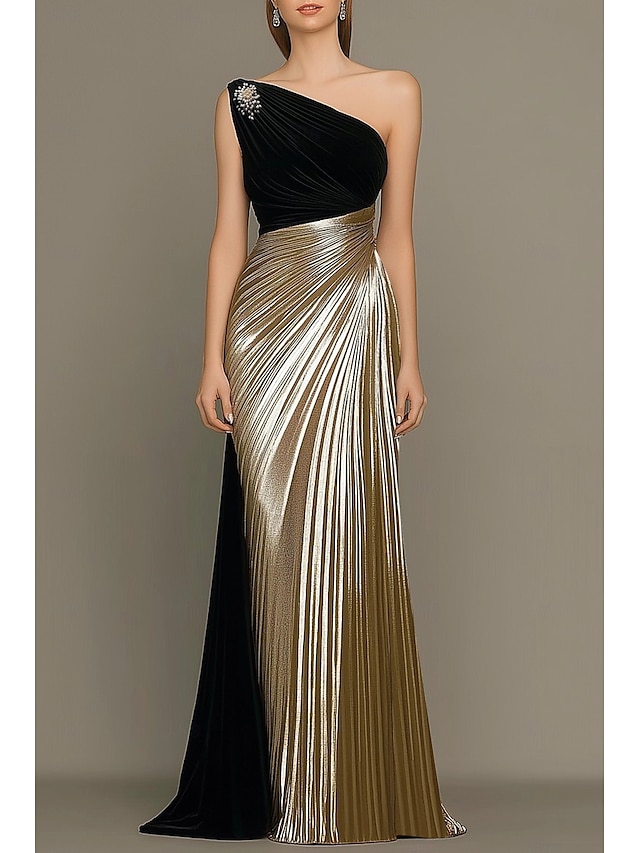  Vestido de noite elegante com coluna em ouro preto, vestido formal para convidados de casamento, comprimento até o chão, sem mangas, um ombro só, vestido de mãe da noiva em cetim com pregas de strass