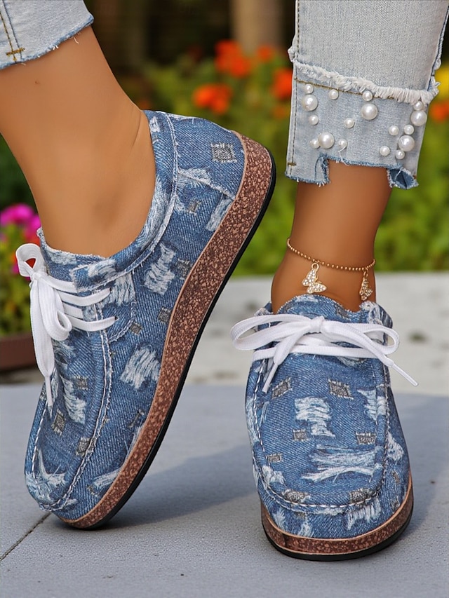  Damskie, sznurowane, wzorzyste buty codzienne – lekkie buty żeglarskie na pikniki w ogrodzie, spacery po parku i wizyty na farmie na świeżym powietrzu