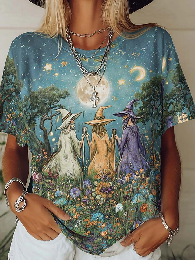 Halloween Women's T shirt Witch Graphic Abstract Vintage Stylish Classic Short Sleeve Crew Neck Round Neck Regular Tops Daily Print Green Summer Spring Fall4