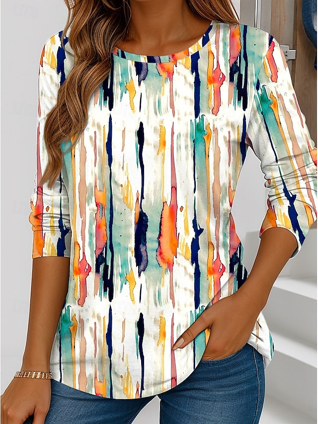  Pentru femei Tricou Grafic Geometric Dungi Epocă Modă Stilat Manșon Lung Stil Nautic Topuri obișnuite Zilnic Imprimeu Alb Albastru piscină Mov Portocaliu Maro Vară Primăvară Toamnă