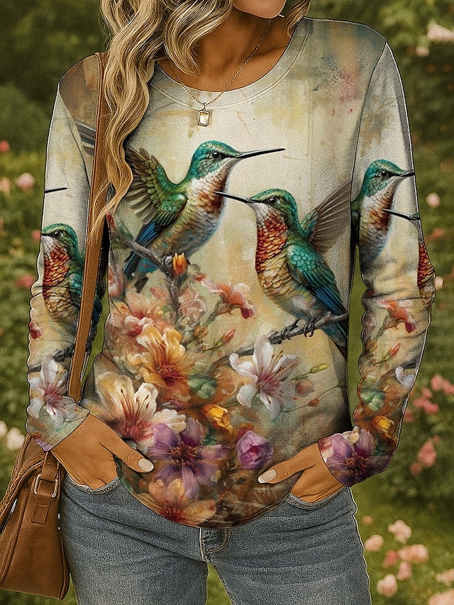  Femmes T-shirt Fleuri Graphique Oiseau ancien Élégant Classique manche longue Col ras du cou Col rond Hauts Réguliers Quotidien Week-end Imprimé Rose Claire Rouge Vert Printemps Automne