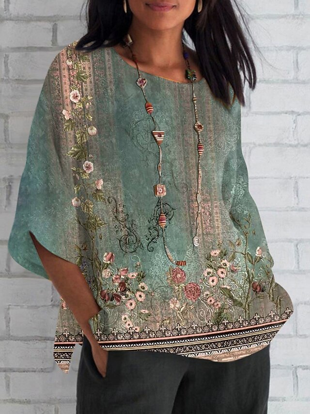 Women's Shirt Floral Daily Casual 3/4 Length Sleeve Crew Neck Regular Tops Daily Holiday Print Green Summer Spring Fall4