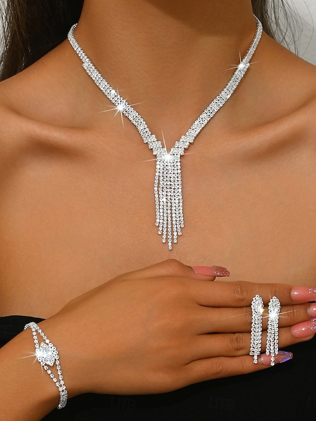  Conjunto de joyas de diamantes de imitación brillantes para mujer: elegante collar, pulsera, pendientes y anillo de plata, accesorios de declaración lujosos para bailes nocturnos y cócteles.