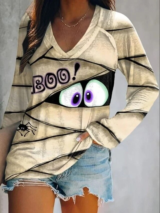 Halloween Women's T shirt Monster Long Sleeve V Neck Long Sleeve Graphic Casual Vintage Stylish Classic Regular Tops Daily Print Orange off-white Khaki Spring Fall Prefall4