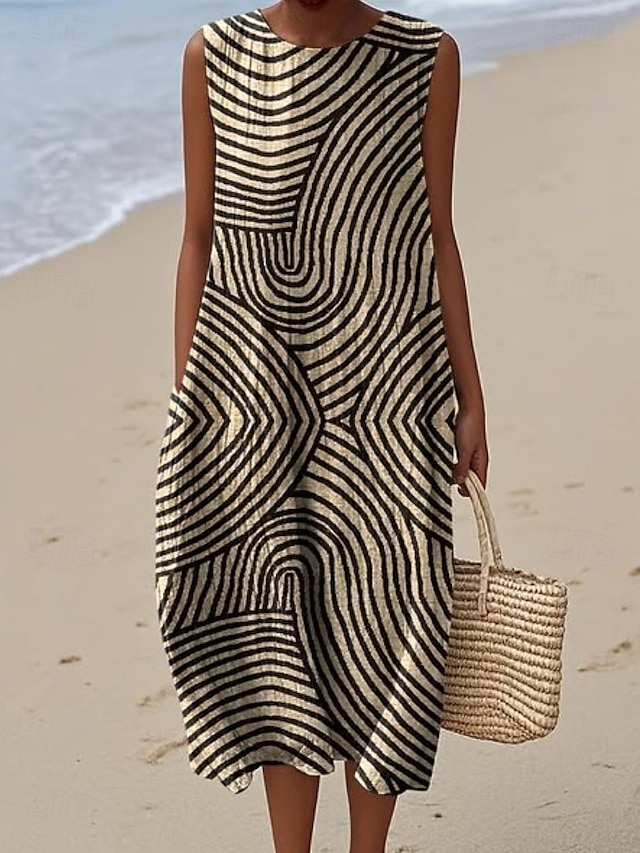 Dames Halflange jurk Zonnejurk Vakantie Casual Boho Feest Strand Ruim Passend Geometrisch Mouwloos Ronde hals Blozend Roze Rood blauw Oranje Zomer Lente