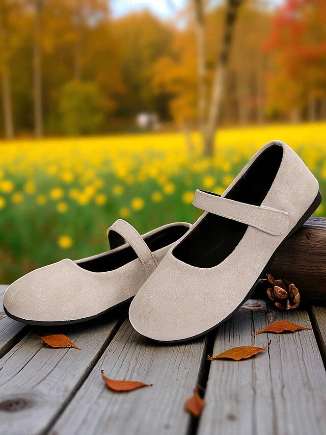 Women's Beige Wide Toe Mary Jane Flats – Soft Faux Suede Comfort Shoes ...
