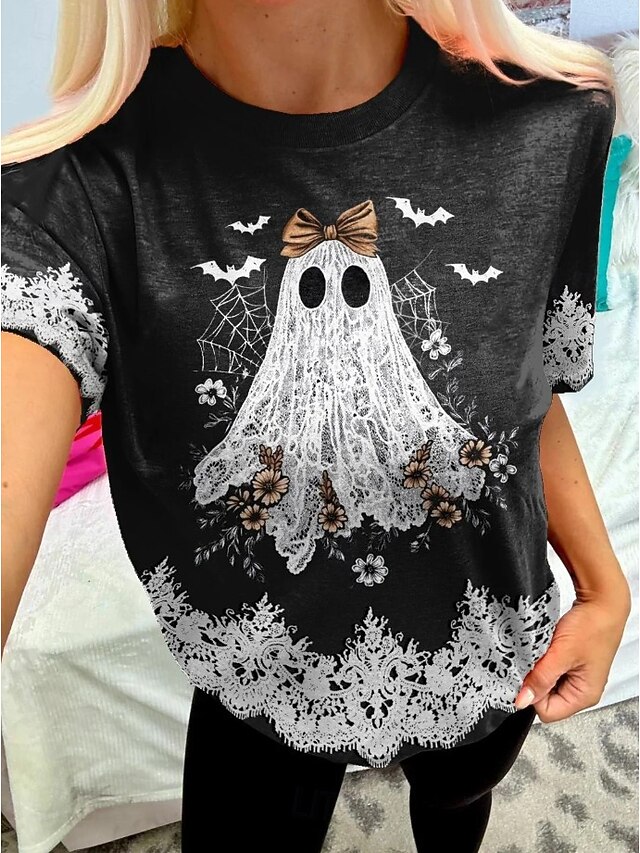 Halloween Women's T shirt Ghost Graphic Vintage Stylish Classic Short Sleeve Crew Neck Round Neck Regular Tops Daily Weekend Print Black off-white Summer Spring Fall3
