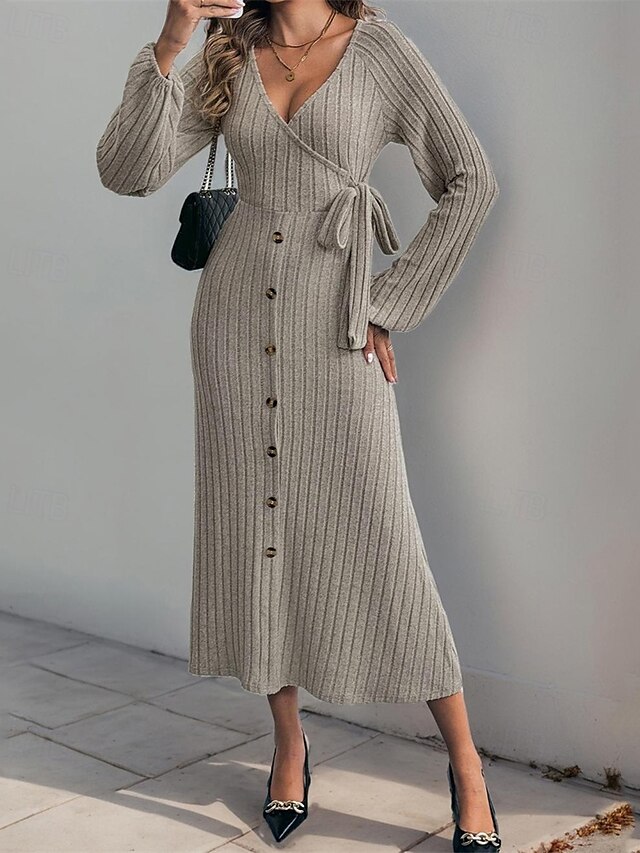  Femmes Robe Midi Robe Tricot Robe Décontractée Mode Moderne Quotidien Date Week-end Coupe régulière Uni manche longue Col en V Kaki Automne Hiver