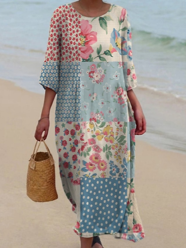  Dames Halflange jurk Casual jurk Jurk met print Modieus Modern Dagelijks Strand Weekend Normale pasvorm Bloemig Kleurenblok 3/4 mouw Strakke ronde hals Geel blauw Fuchsia Groen Zomer Lente Herfst