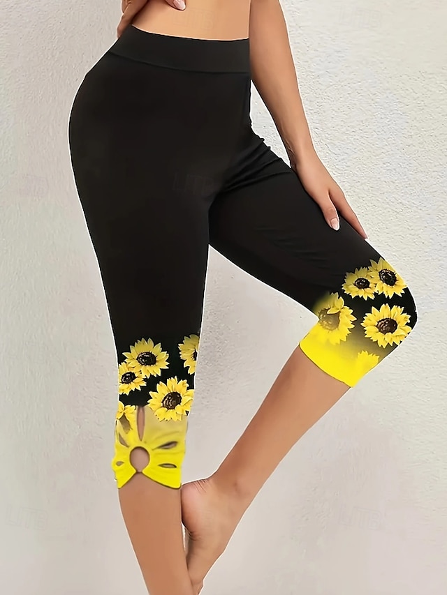  Dam Byxor Damasker Streetwear Ledigt Vadlängd Naturlig Blomma Elastisk midja Mönster Mjuk Gata Helgdag Dagliga kläder Svart Höst Normal