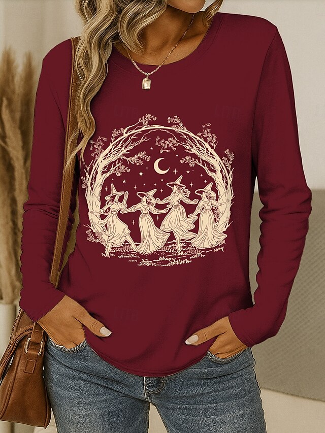  Halloween Pentru femei Tricou Grafic Vrăjitoare Epocă Stilat Clasic Manșon Lung Stil Nautic Rotund Topuri obișnuite Zilnic Sfârșit de săptămână Imprimeu Negru Roșu Vin Albastru piscină Mov Trifoi