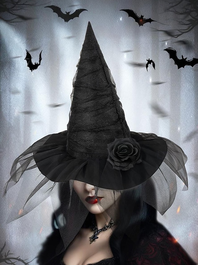  cappello da strega di Halloween da donna con velo a rete e rosa – cappello gotico a punta per feste in maschera, cosplay ed eventi a tema