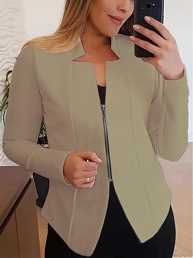 Damen Blazer Bequem Atmungsaktiv Reißverschluss Mode Modern Einfach Arbeit Täglich Regulär Stehkragen Normale Passform Langarm Oberbekleidung Schwarz Weiß Hellgrün Frühling Herbst