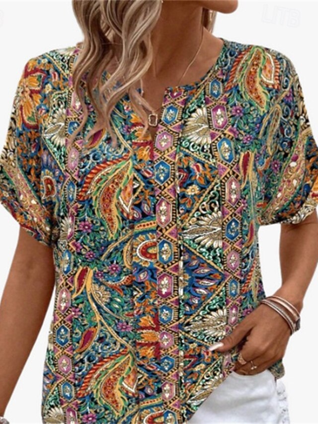 Women's Shirt Floral Stylish Modern Long Sleeve V Neck Regular Tops ...