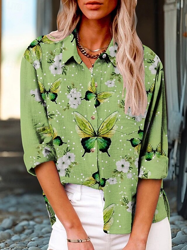 Women's Shirt Floral Butterfly Active Daily Stylish Long Sleeve Shirt Collar Regular Tops Daily Holiday Buttons Print Green Summer Spring Fall4