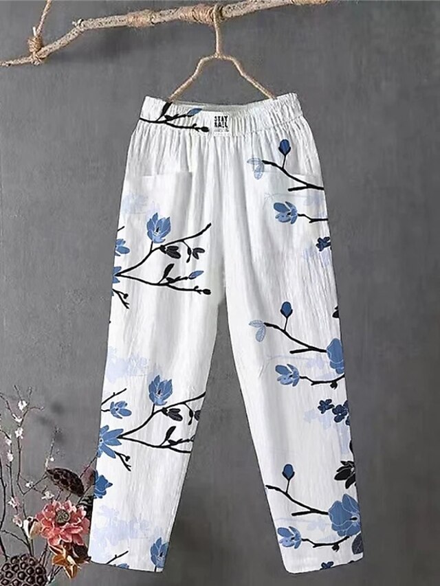 Women's Wide Leg Chinos Slacks Vacation Vintage Ethnic Style Full Length High Waist Floral Graphic Animal Pocket Comfy Breathability Lightweight Inelastic Outdoor Vacation Causal White Blue Summer3
