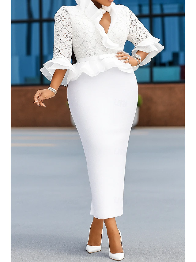 Sheath Prom Dresses Elegant Dress Valentine's Day Prom Ankle Length Half Sleeve V Neck Fall Wedding Guest Lace with Ruffles 7