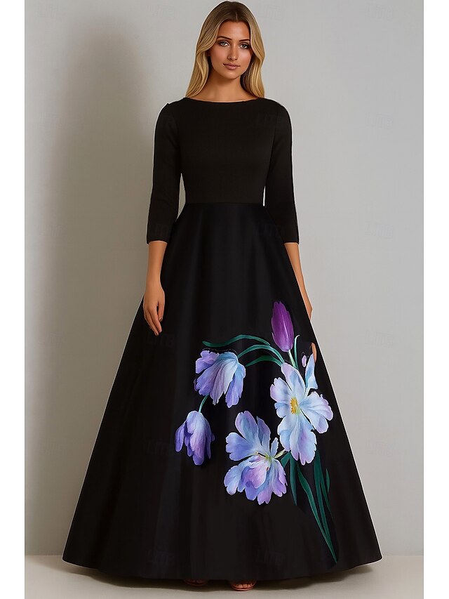  Abito da ballo Linea ad A Abito da Sera Elegante Vestito Formale Matrimonio Lunghezza al pavimento Manica 3/4 Scollo a Barca Raso con Stampa floreale 2025