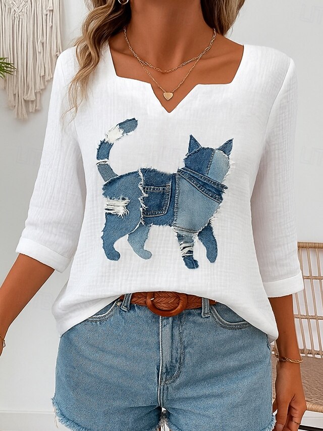 Women's Cotton Linen Shirts Graphic Animal Vintage Tropical Stylish 3/4 Length Sleeve Asymmetrical Regular Tops Daily Holiday White Blue Summer Spring3