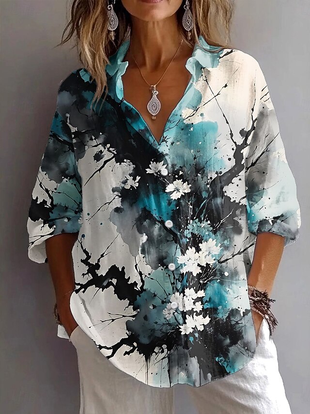 Women's Shirt Button Down Tunic Shirt Collar Long Sleeve Floral Graphic Tie Dye Vintage Daily Stylish Regular Tops Work Daily Holiday s Print Blue Fuchsia Green Spring Fall4