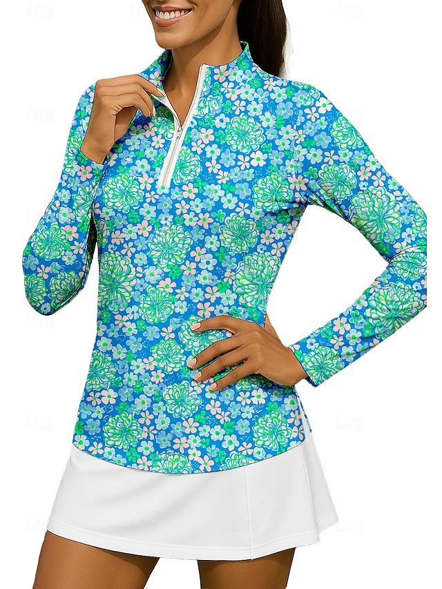  Dam Blommig Sporttröja Vandringspolotröja Tennisskjorta Långärmad Dragkedja Blommig UPF50+ UV-resistent Hög Elasisitet Fuktabsorberande Andningsfunktion Tennis Golf Pickleball Hög krage Dragkedja