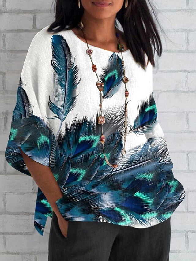 Women's Shirt Feather Daily Casual 3/4 Length Sleeve Crew Neck Regular Tops Daily Holiday Print White Pink Blue Summer Spring Fall4