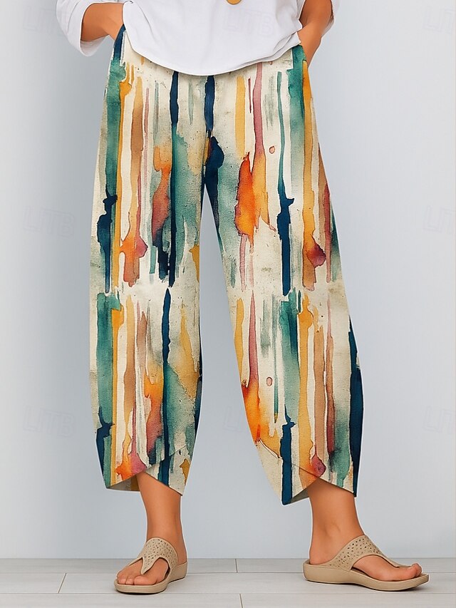 Women's Slacks Cropped Pants Vacation Vintage Ethnic Style Full Length High Waist Graphic Abstract Geometic Elastic Waistband Comfy Breathability Soft Inelastic Formal Outdoor Vacation Red Purple4