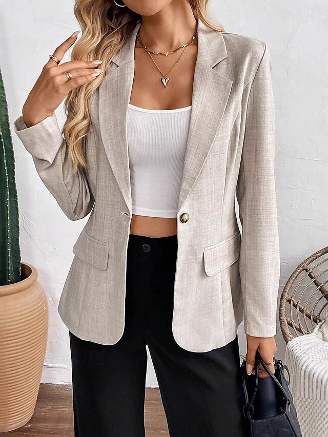  Pentru femei Blazer Comfortabil Respirabil Buzunar Modă Modern Simplu Muncă Zilnic Regulat Răsfrânt Fit regulat Manșon Lung Îmbrăcăminte exterioară Kaki Primăvară Toamnă