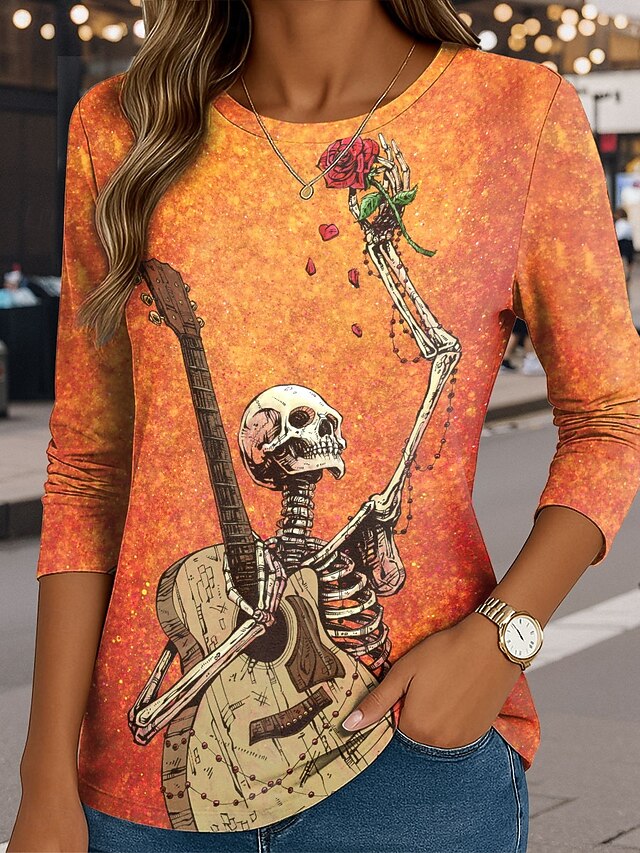 UntilTheLastNote By David Lozeau Halloween Women's T Shirt Skulls Crew Neck Long Sleeve Tunic Graphic  Vintage Stylish Classic  Round Neck Regular Tops Daily Print Orange Fall4