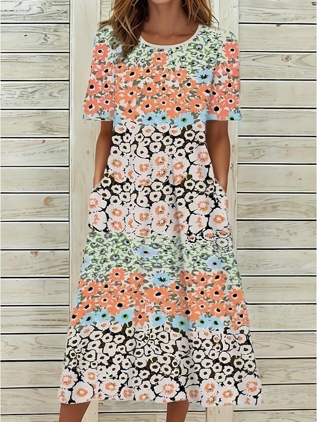  Damen Midikleid T-Shirt-Kleid Sommerkleid Shiftkleid A Linie Kleid Urlaub Lässig Boho Party Strand Normale Passform Blumen Grafik Kurzarm Rundhalsausschnitt Orange Sommer Frühling