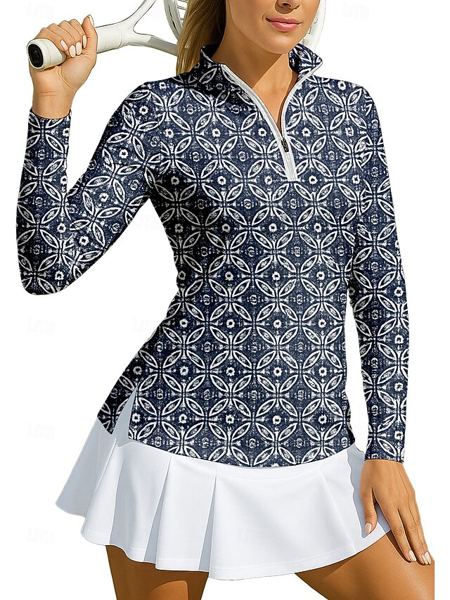 Women's Geometric Circle Sport Shirt Golf Polo Shirt Tennis Shirt Tennis Tee Long Sleeve Zipper Floral UPF50+ UV Resistant High Elasticity Moisture Wicking Breathable Tennis Golf Pickleball Stand4