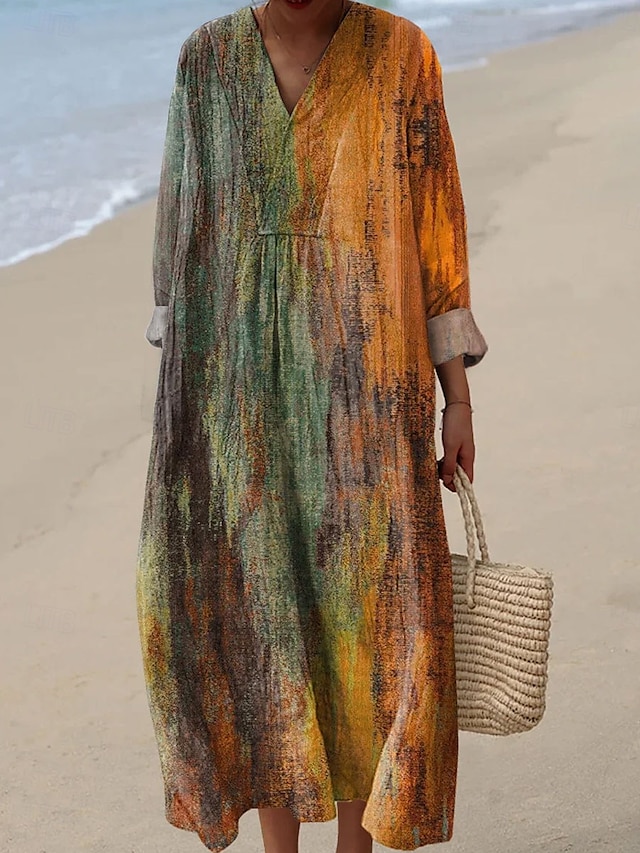  Damen Midikleid Sommerkleid A Linie Kleid Urlaub Lässig Boho Party Strand Lässiger Schnitt Ombre Grafik Geometrisch Langarm V Ausschnitt Gelb Blau Orange Braun Sommer Frühling Herbst