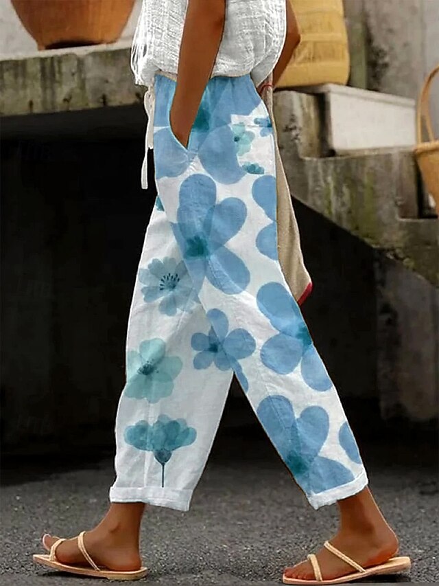 Women's Chinos Vacation Vintage Ethnic Style Ankle-Length High Waist Floral Graphic Pocket Soft Outdoor Breathable Inelastic Vacation Street Causal Light Pink Cream Sky Blue Summer Spring Fall Loose4