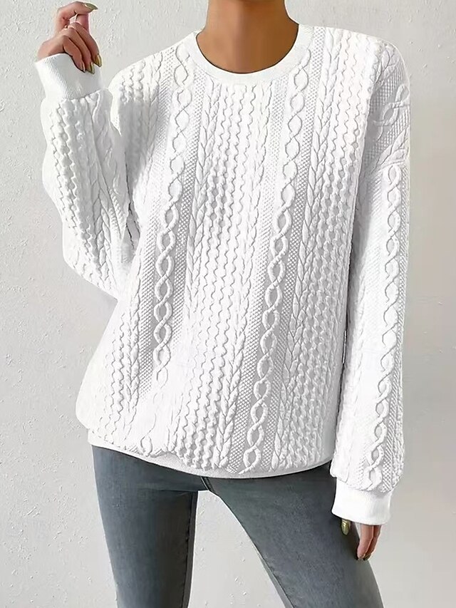 Women's Texture Sweatshirt Pullover Plain Streetwear Casual Comfy Long Sleeve Crew Neck Regular Tops Street Holiday Going out White Fall4