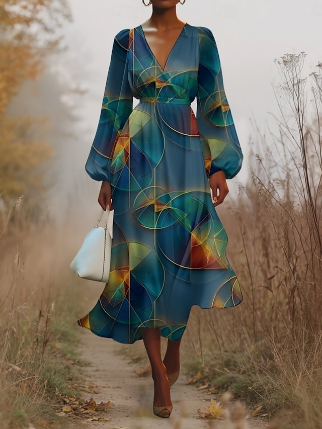  Women's Midi Dress Casual Dress Chiffon Swing Dress Modern Vacation Daily Weekend Regular Fit Geometric Long Sleeve V Neck Yellow Purple Green Summer Spring Fall Autumn