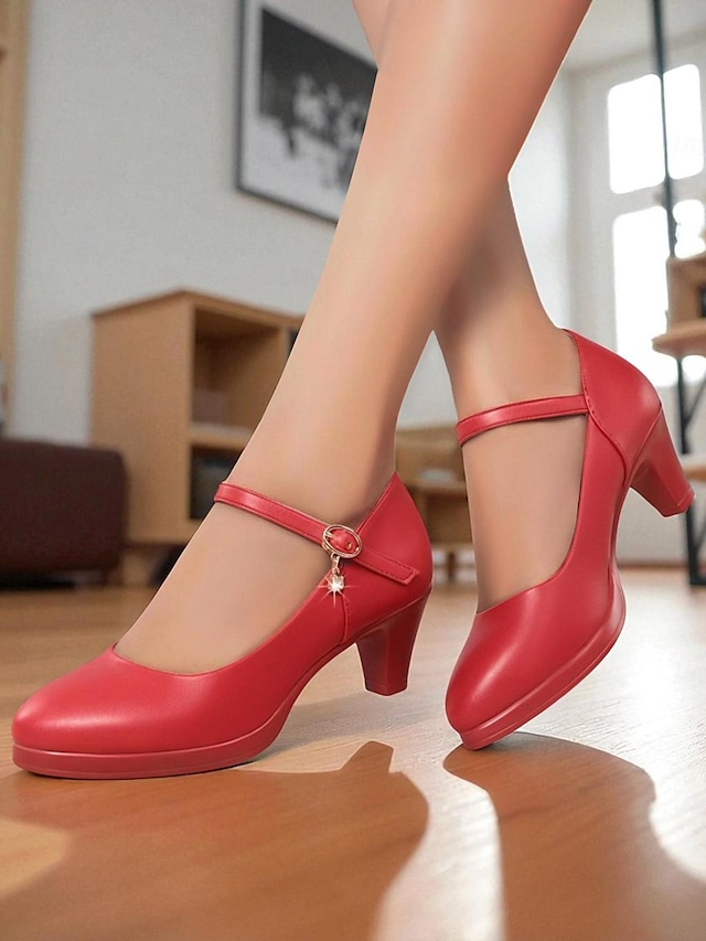  Escarpins Mary Jane rouges à talon moyen pour femmes – chaussures habillées classiques à bout rond avec bride à la cheville et breloque pour dames, idéales pour le bureau, l'église ou les événements semi-formels