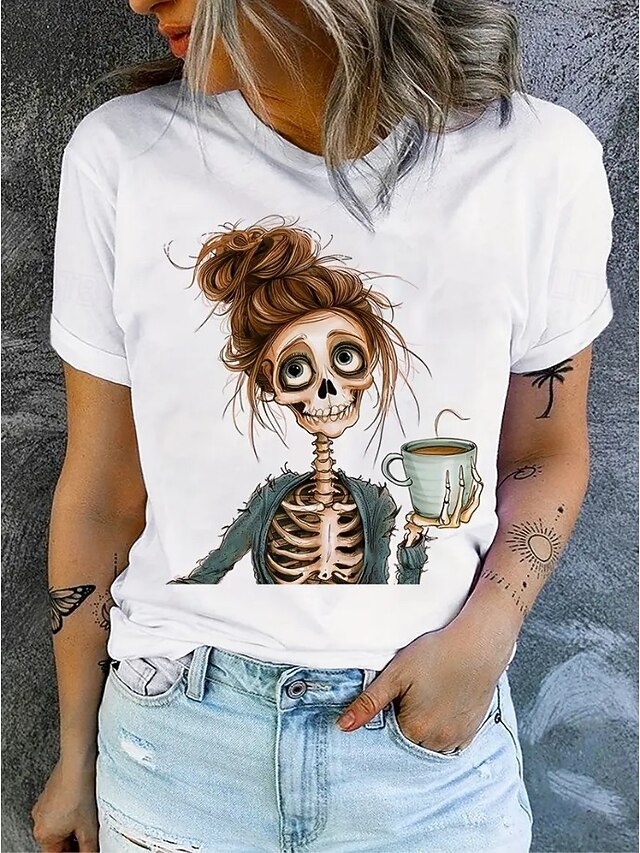 Halloween Women's T Shirt Skulls Cotton Shirt Graphic Vintage Stylish Classic Short Sleeve Crew Neck Round Neck Regular Tops Daily Print White Summer4
