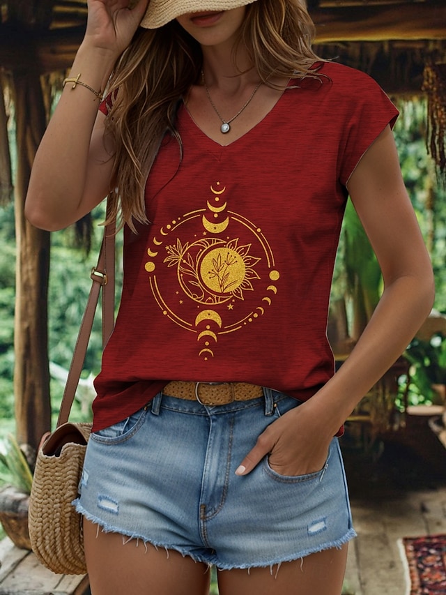  Canotta da donna con stampa geometrica, motivo grafico a luna, stile vintage, casual, senza maniche, scollo a V, da indossare tutti i giorni, stampa nera, bianca, rossa, marrone chiaro, blu, estiva.