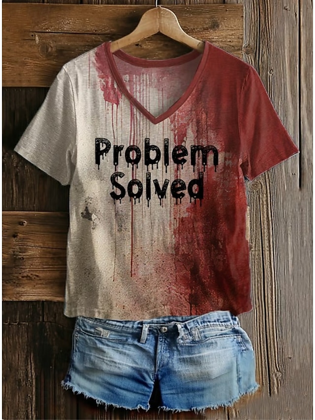 Krwawy Problem Rozwiązany Kobiecy T-shirt Plama Krwi Graficzny Litera Vintage Stylowy Klasyczny Krótki Rękaw V Dekolt Regularne Topu Codzienny Print Szary/Czerwony Biały Bordeaux Czerwony Biały Wiosna