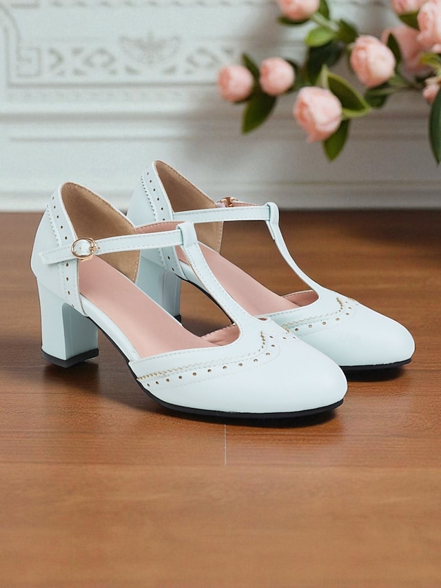  Women's Pink T-Strap Heels - Retro Mid Heel Pumps with Brogue Details and Adjustable Buckle for Tea Parties, Daily Wear, and 1950s-Inspired Outfits