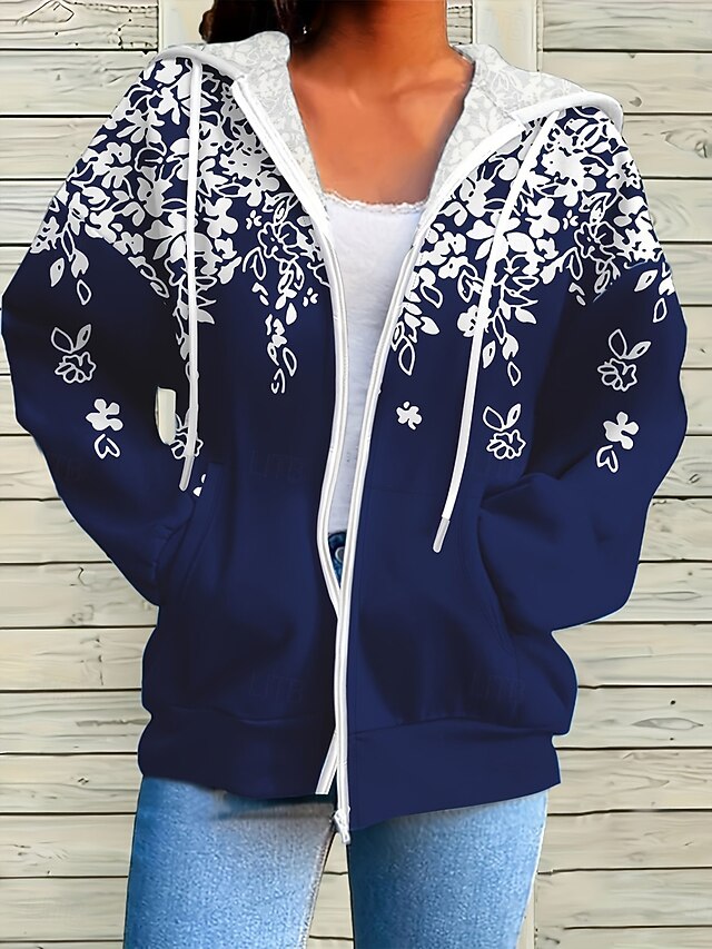 Women's Hooded Sweatshirt Jacket Long Sleeve Zip Up Hoodie With Pocket Lightweight Casual Micro-elastic Floral Graphic Fashion Street Dailywear Pocket Print Navy Blue Spring Fall4