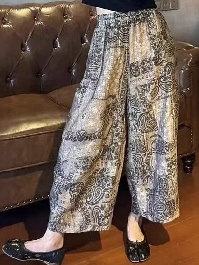  Dam Brett skaft Byxor Streetwear Ledigt Fullängd Naturlig Blomma Elastisk midja Mönster Mjuk Gata Helgdag Dagliga kläder Grå Höst Normal