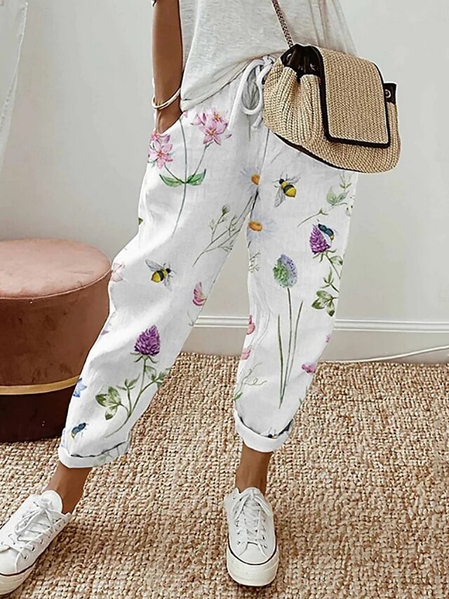  Dames Chinese Broeken Actief Casual / Dagelijks Lang Hoge taille Bloemig Zak Opdrukken Elastisch ontwerp met trekkoord Ademend Zacht Micro-elastisch Vakantie Straat Alledaagse kleding Wit Lente Herfst
