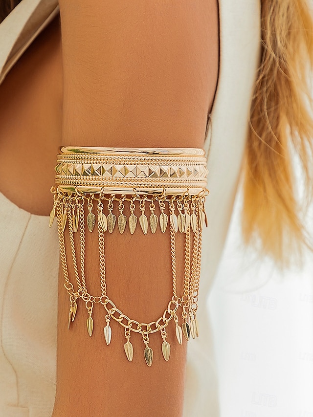  Bracciale da donna a strati in oro con ciondoli a forma di foglia - gioiello boho per feste e festival