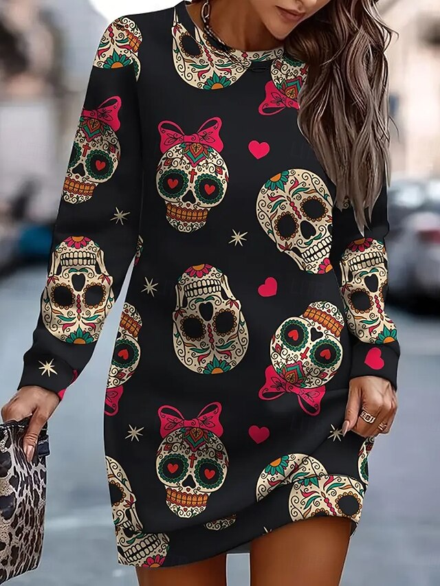 Halloween Women's Sweatshirt Dress Skulls Print Mini Dress Shift Dress Casual Holiday Going out Regular Fit Graphic Skull Long Sleeve Crew Neck Black Spring Fall Winter4
